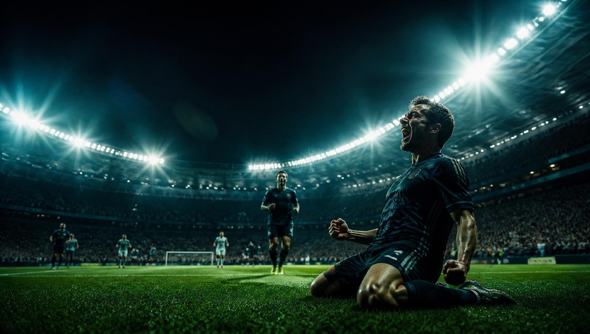Floodlit football stadium at night seen from pitch level