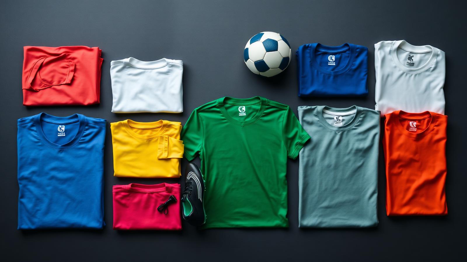 Folded football shirts, boots and a match ball laid out on a dark surface